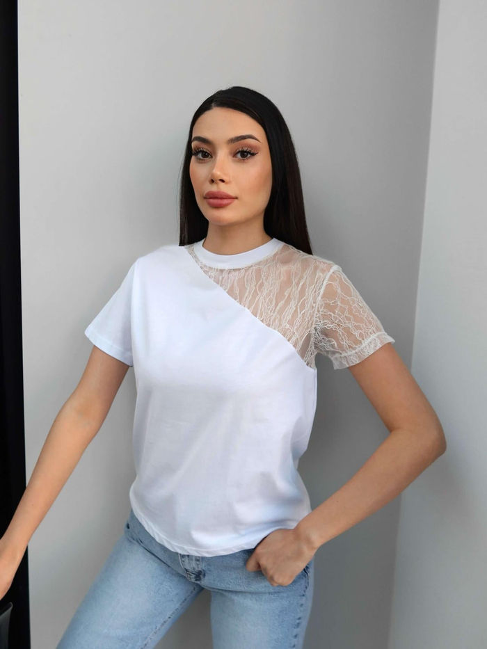 Tek Omuz Dantel Tshirt