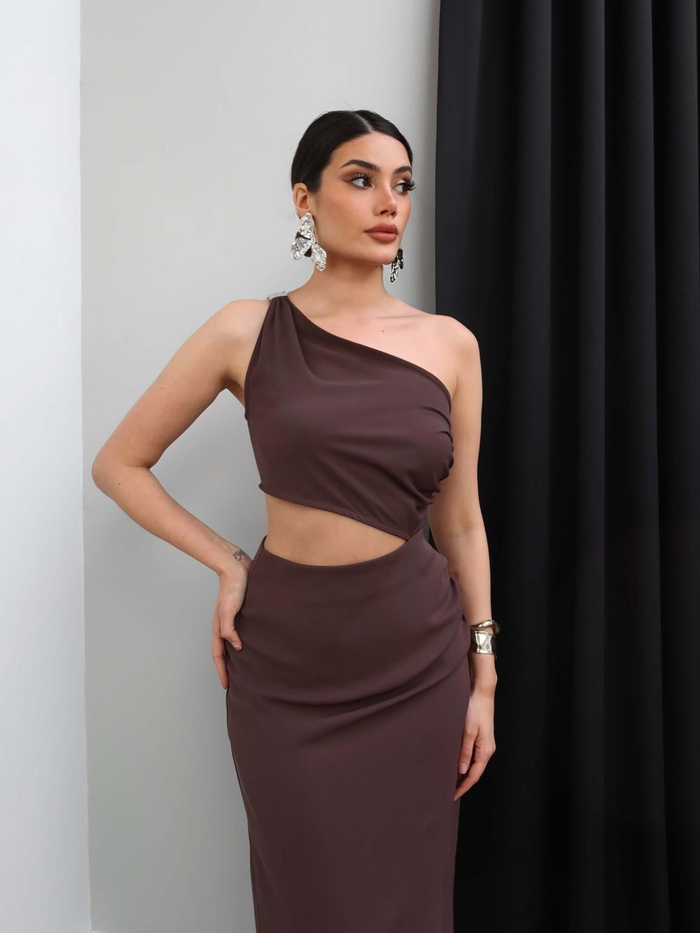 Tek Omuz Dekolteli Midi Elbise