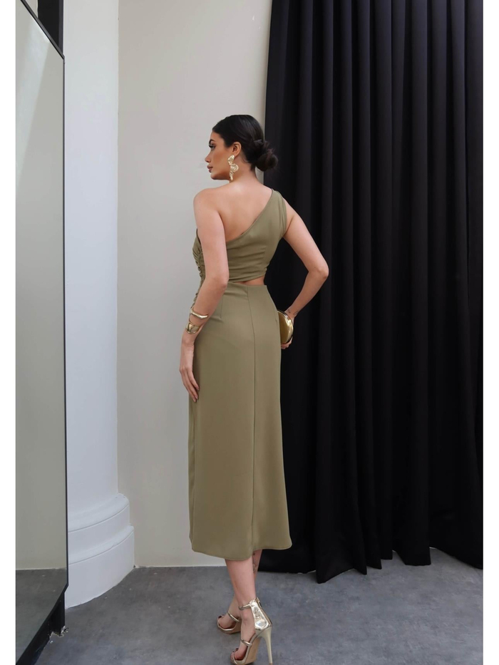 Tek Omuz Dekolteli Midi Elbise