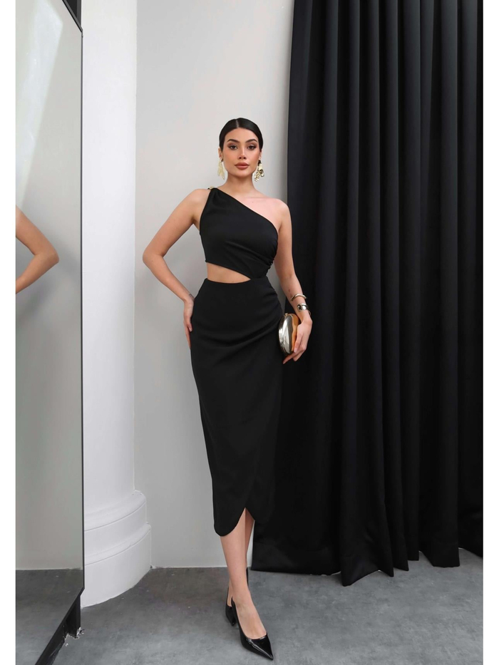 Tek Omuz Dekolteli Midi Elbise