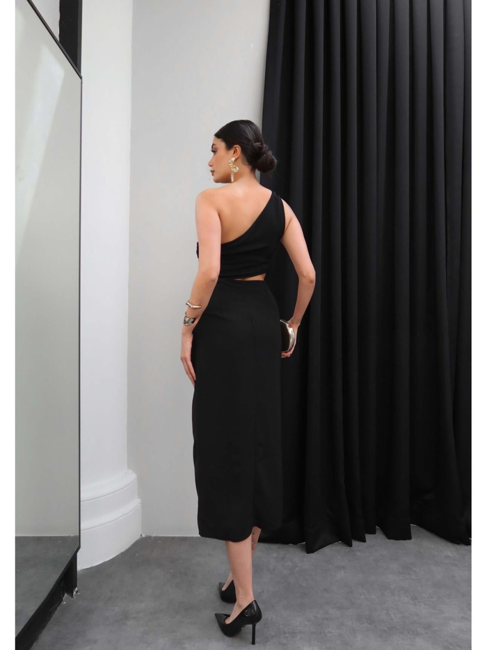 Tek Omuz Dekolteli Midi Elbise