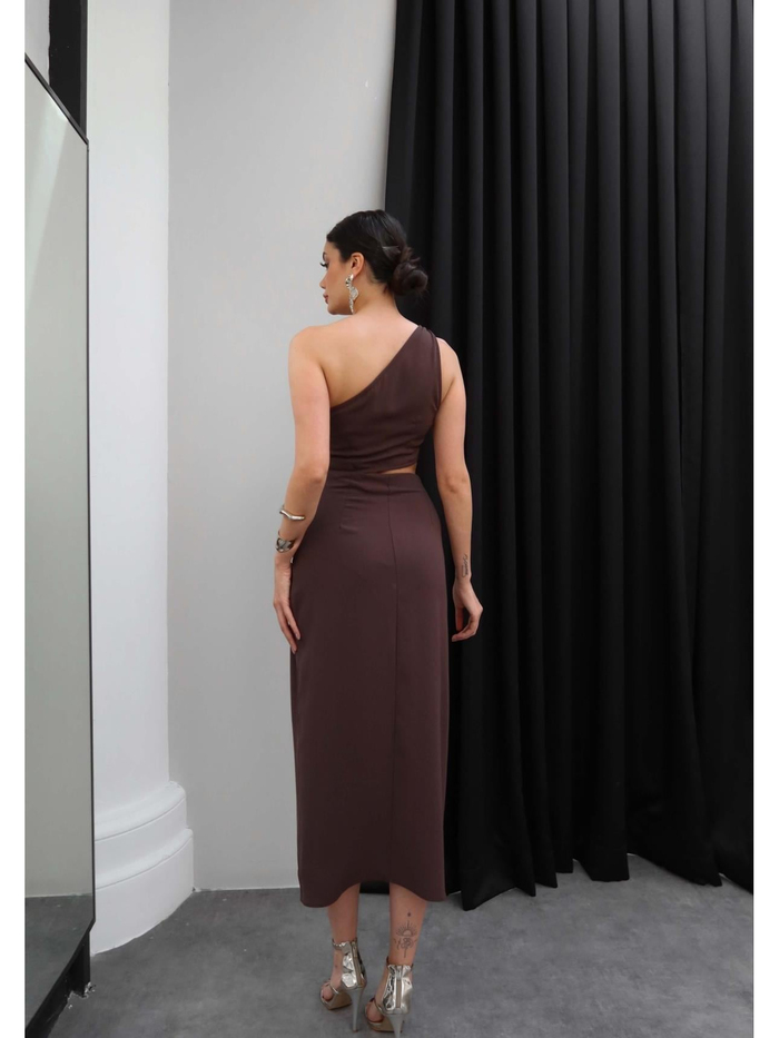 Tek Omuz Dekolteli Midi Elbise
