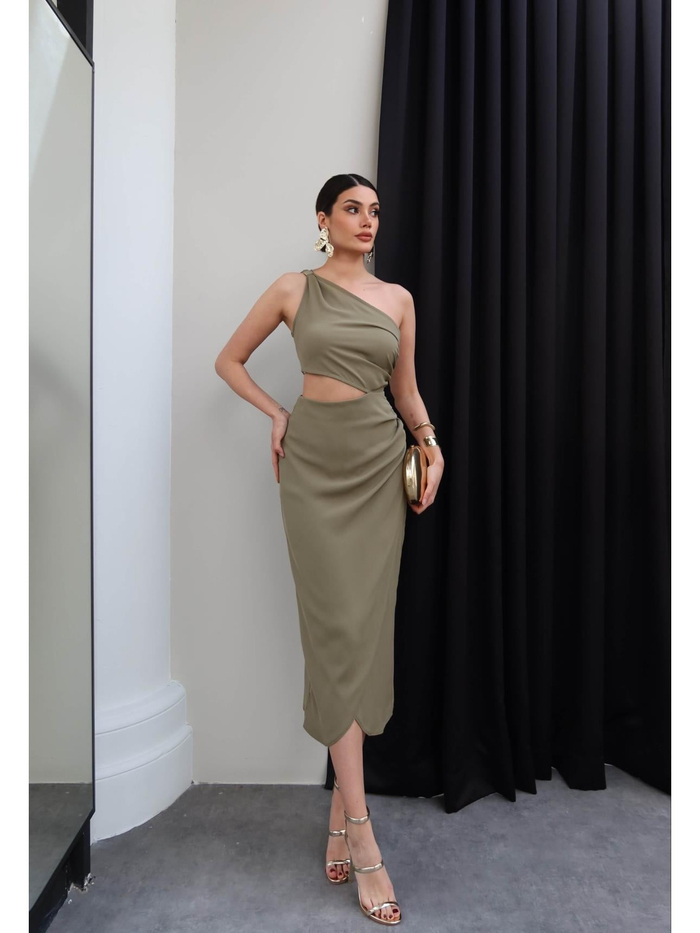 Tek Omuz Dekolteli Midi Elbise