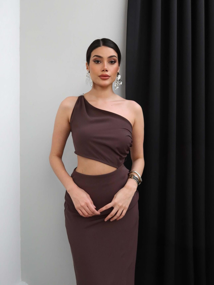 Tek Omuz Dekolteli Midi Elbise