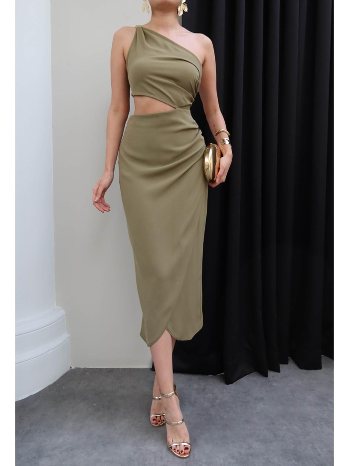 Tek Omuz Dekolteli Midi Elbise