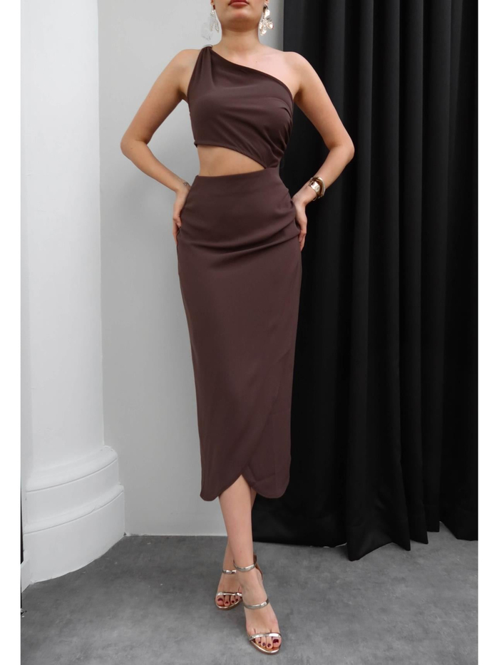 Tek Omuz Dekolteli Midi Elbise