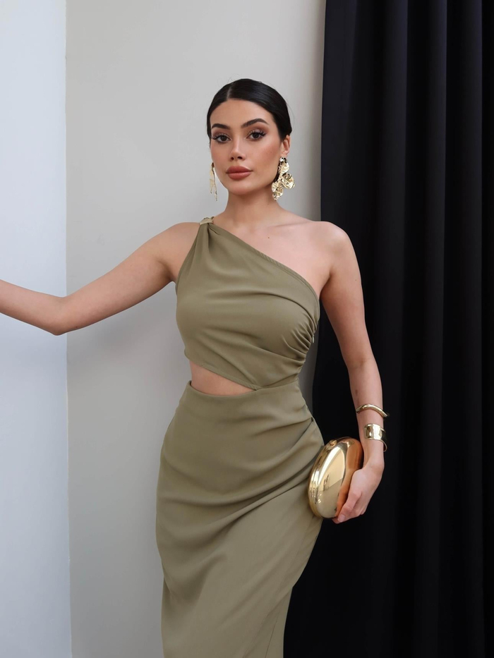 Tek Omuz Dekolteli Midi Elbise