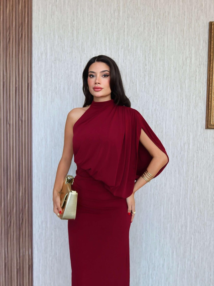 Tek Omuz Drapeli Uzun Elbise
