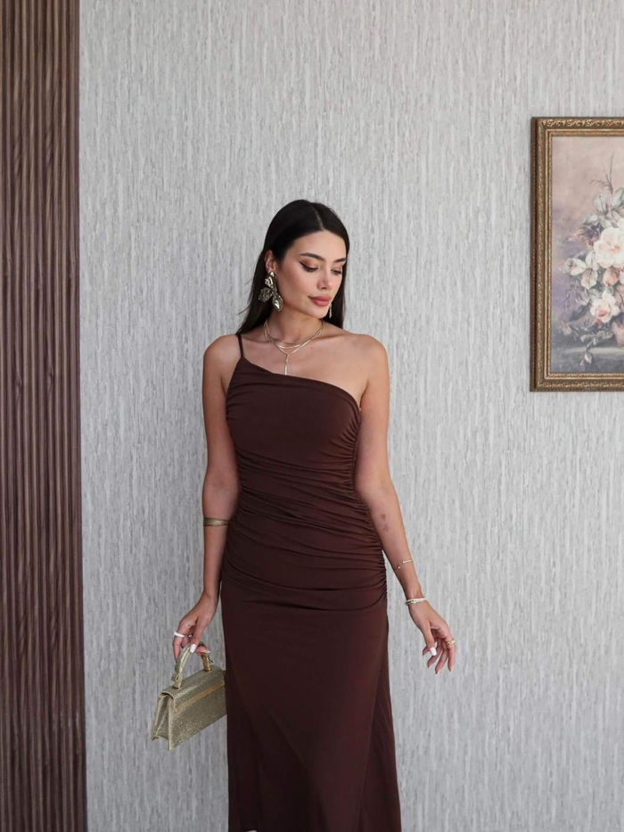 Tek Omuz İp Askı Büzgülü Elbise