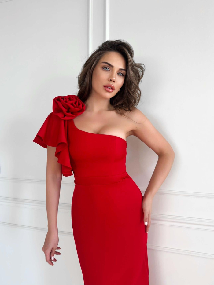 Tek Omuz Rose Broşlu Elbise