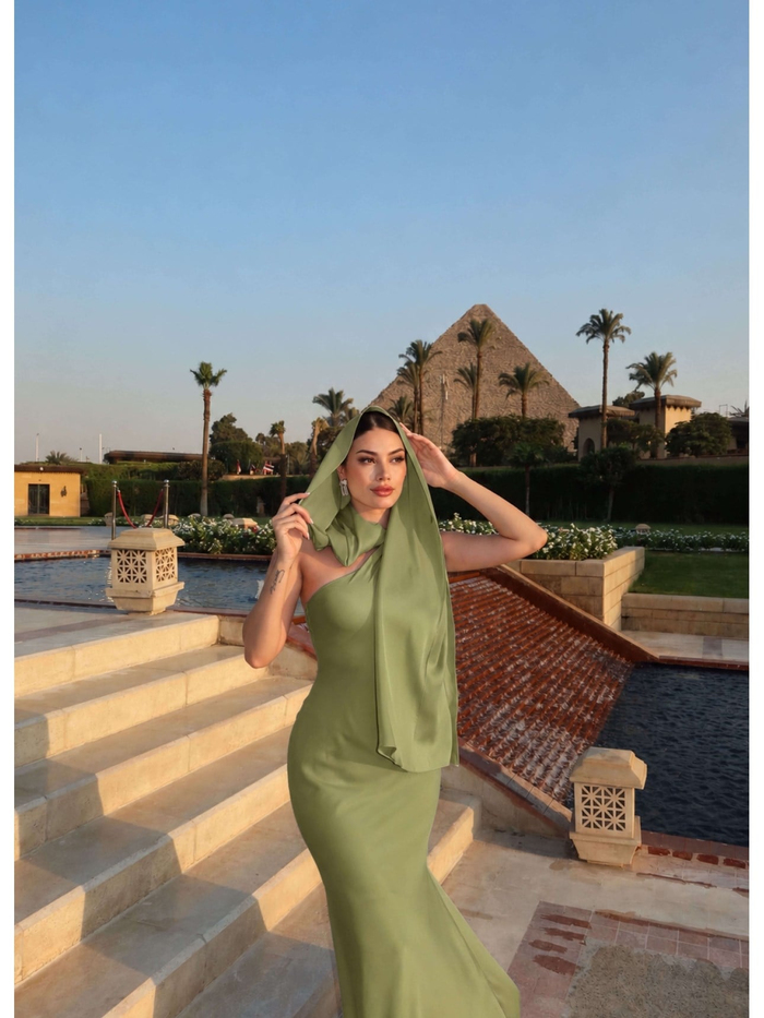 Tek Omuz Şal Detaylı Saten Elbise E.H Collection