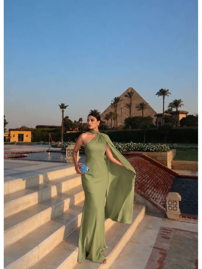 Tek Omuz Şal Detaylı Saten Elbise E.H Collection