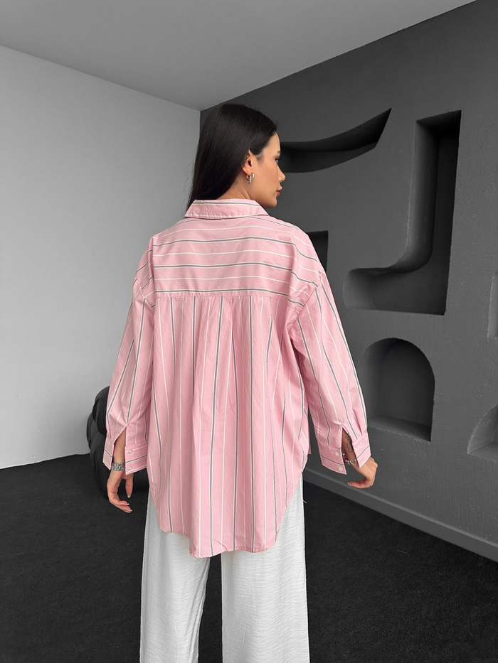Toz Pembe Çizgili Oversize Gömlek