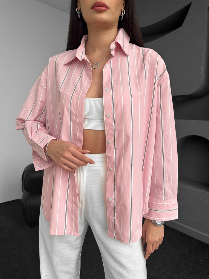 Toz Pembe Çizgili Oversize Gömlek