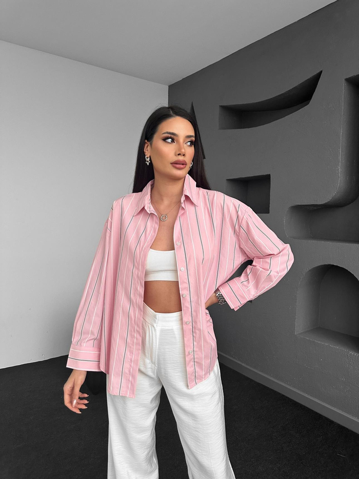 Toz Pembe Çizgili Oversize Gömlek
