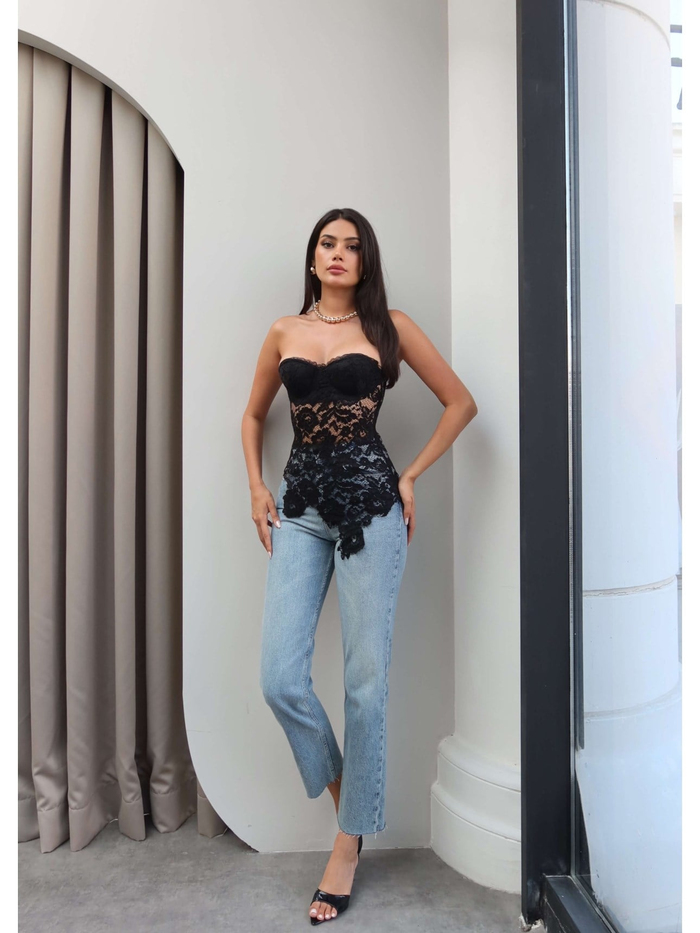 Transparan Dantelli Korse Bluz