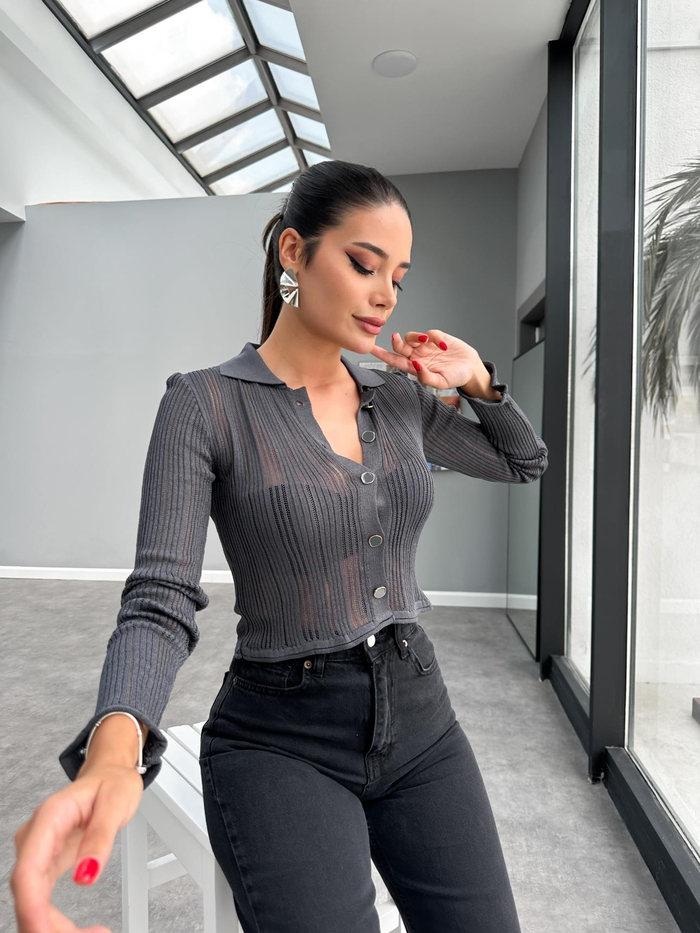 Transparan Polo Yaka Düğmeli Triko Hırka