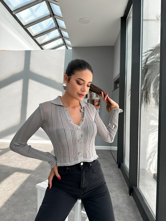 Transparan Polo Yaka Düğmeli Triko Hırka