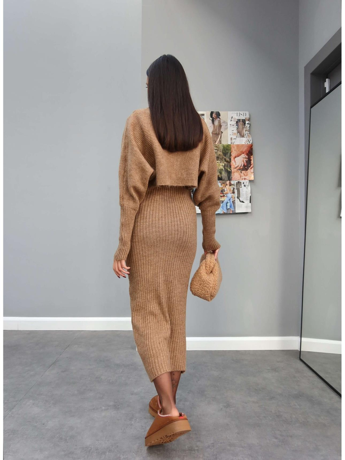 Triko Crop Hırka Elbise Takım