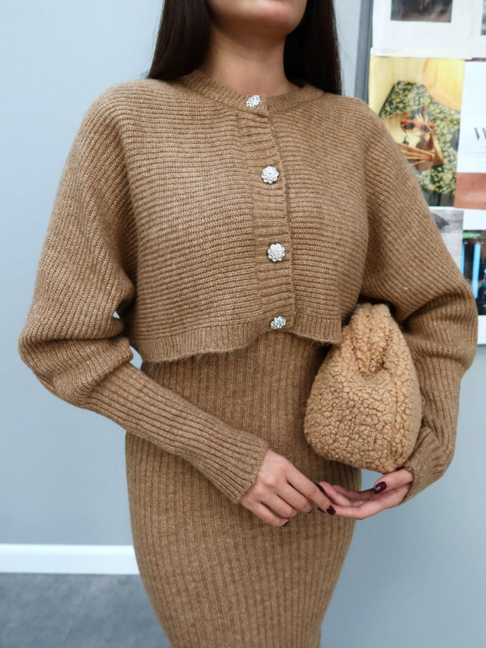 Triko Crop Hırka Elbise Takım