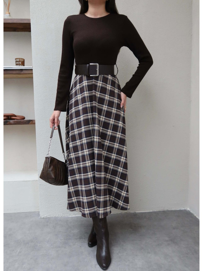 Triko Üst Kemerli Ekose Elbise