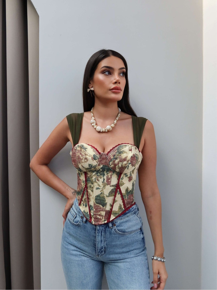 Tül Askılı Çiçekli Korse Bluz