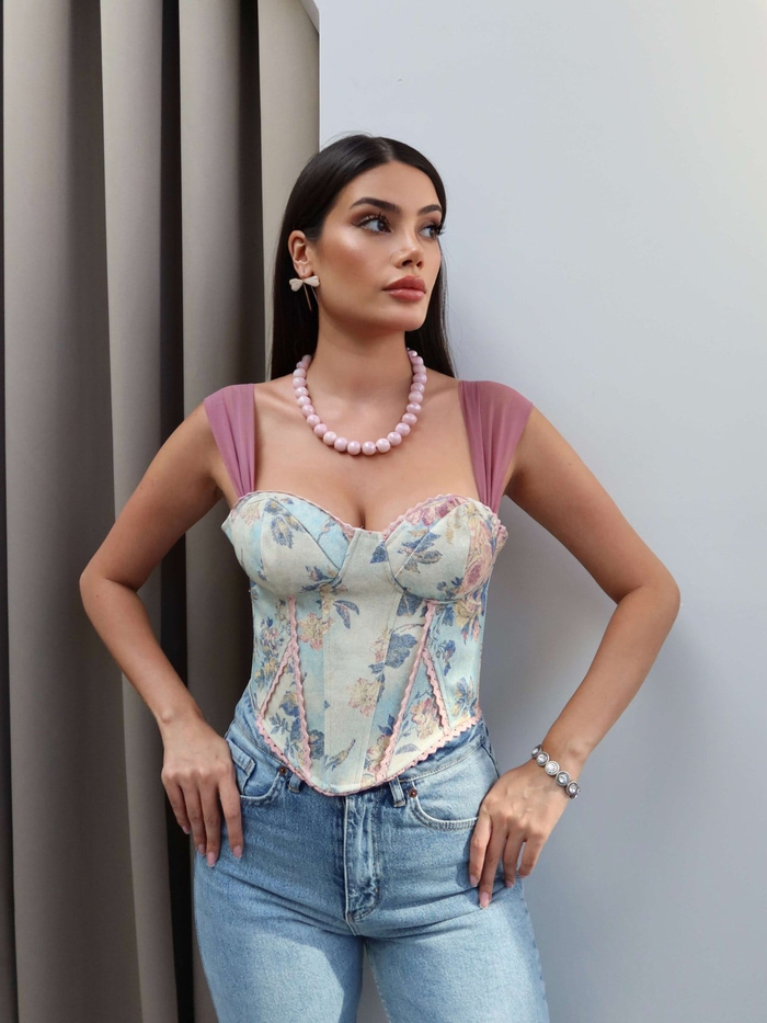 Tül Askılı Çiçekli Korse Bluz