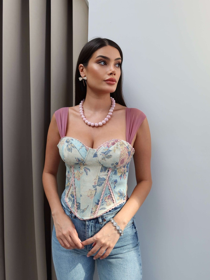 Tül Askılı Çiçekli Korse Bluz