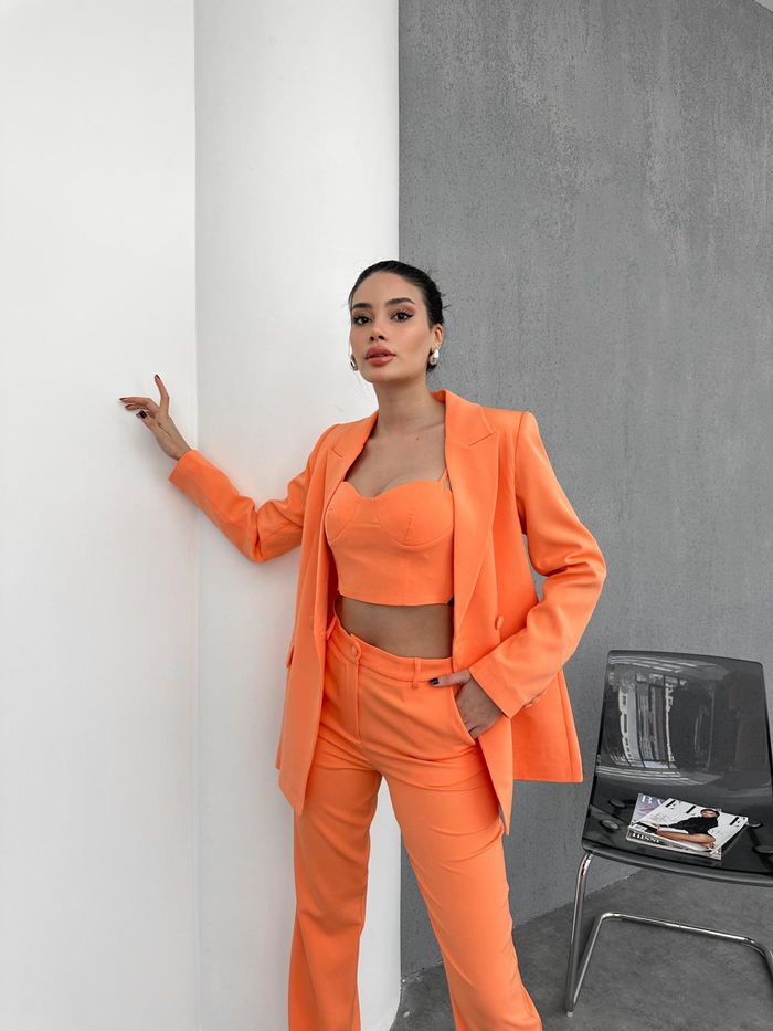Turuncu Blazer Üçlü Takım