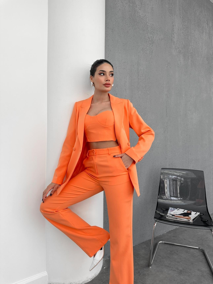 Turuncu Blazer Üçlü Takım