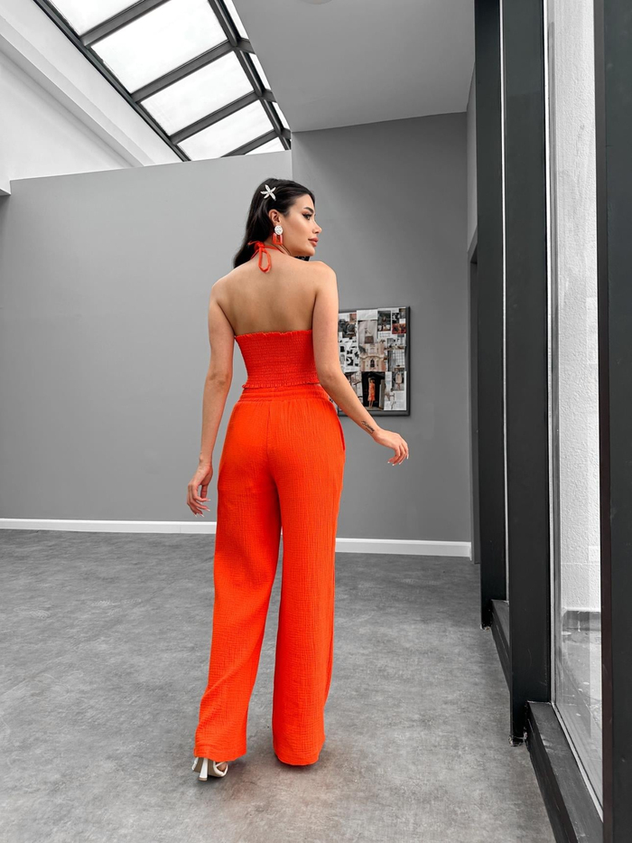 Turuncu Crop Pantolon Müslin Takım