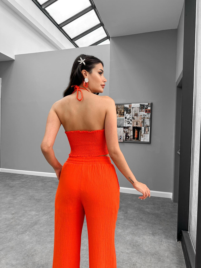 Turuncu Crop Pantolon Müslin Takım