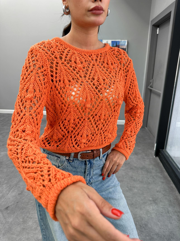 Turuncu Uzun Kollu Ajurlu Crop Triko