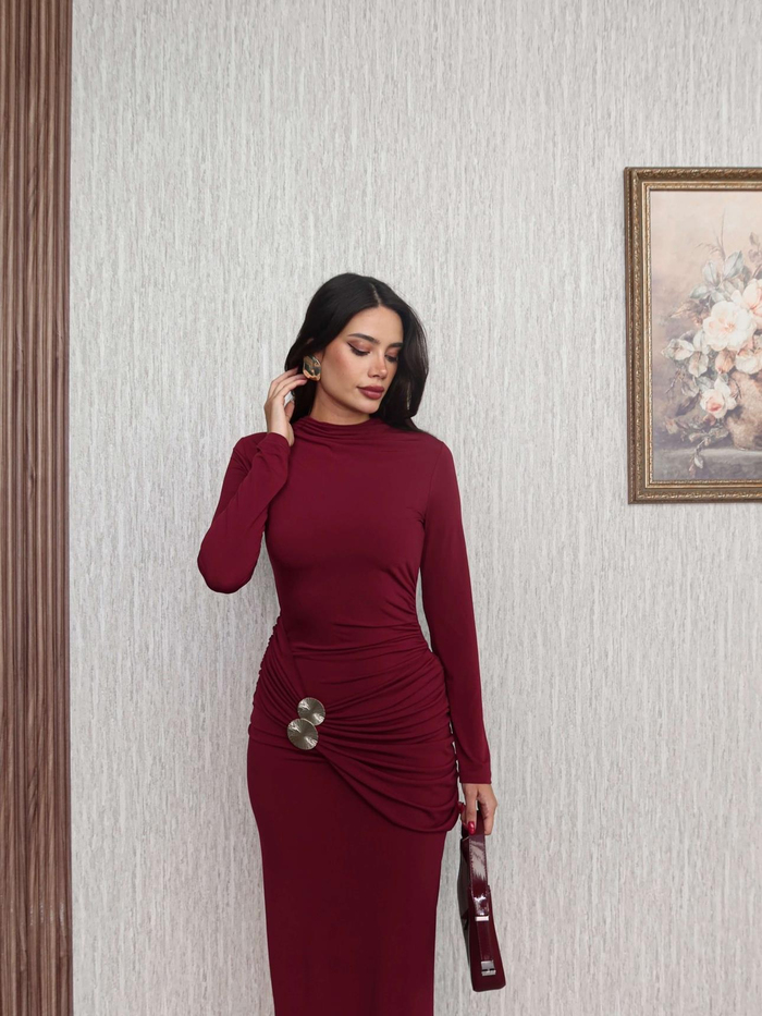 Uzun Kol Aksesuar Drapeli Maxi Elbise