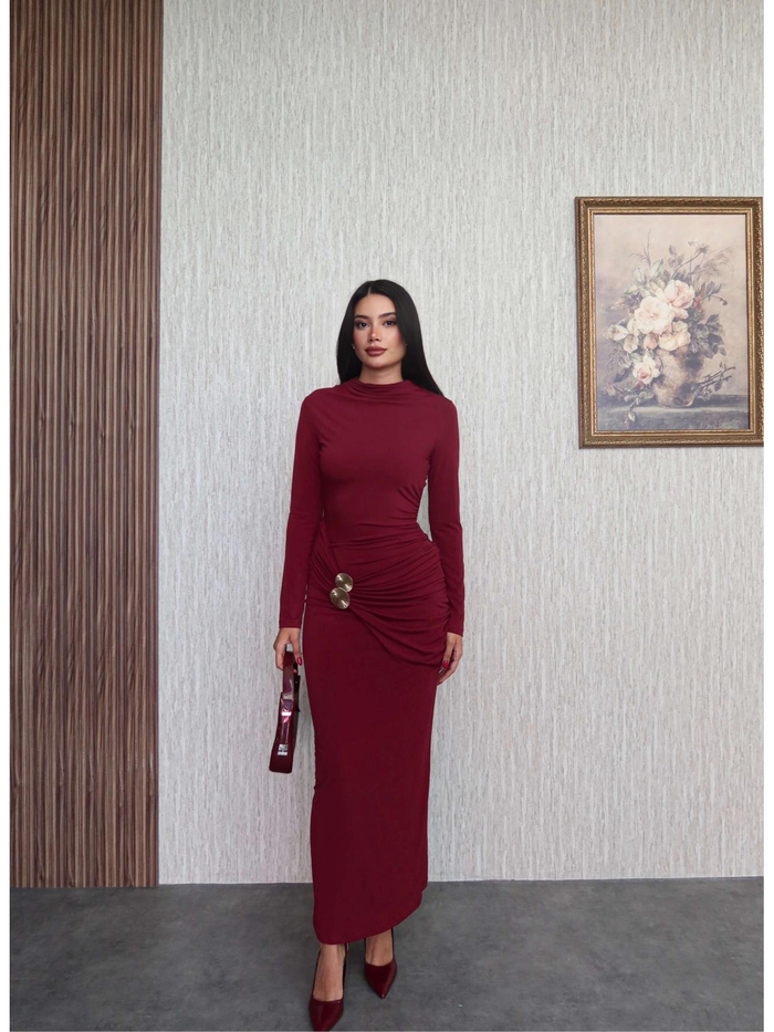 Uzun Kol Aksesuar Drapeli Maxi Elbise
