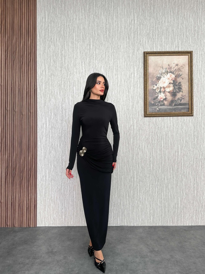 Uzun Kol Aksesuar Drapeli Maxi Elbise
