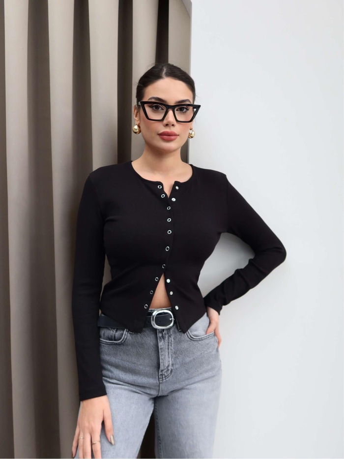 Uzun Kol Ön Çıtçıtlı Bluz