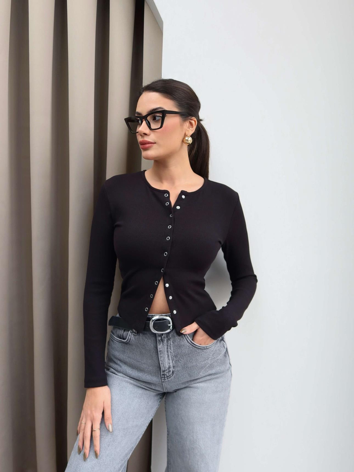 Uzun Kol Ön Çıtçıtlı Bluz