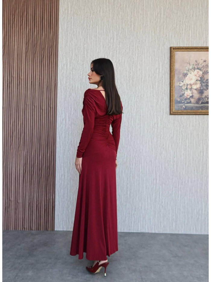 V Yaka Büzgülü Maxi Elbise