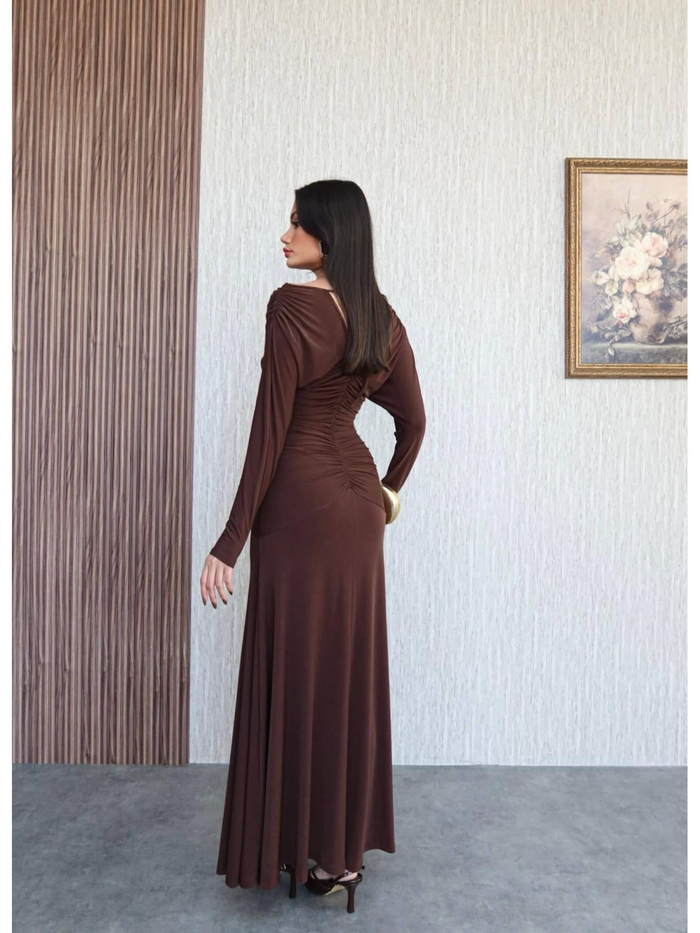 V Yaka Büzgülü Maxi Elbise