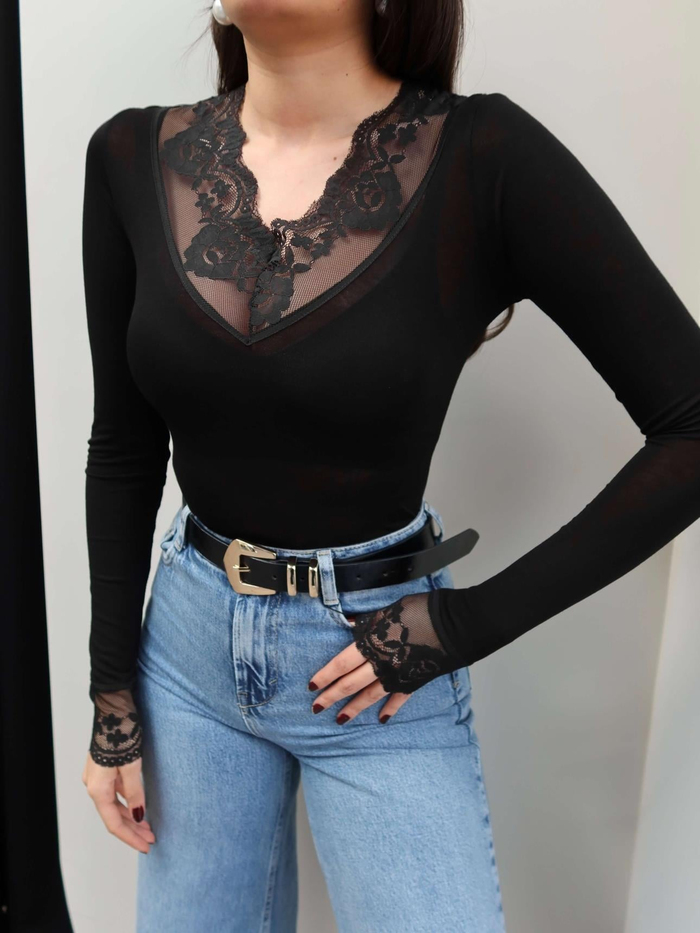 V Yaka Dantelli Transparan Bluz