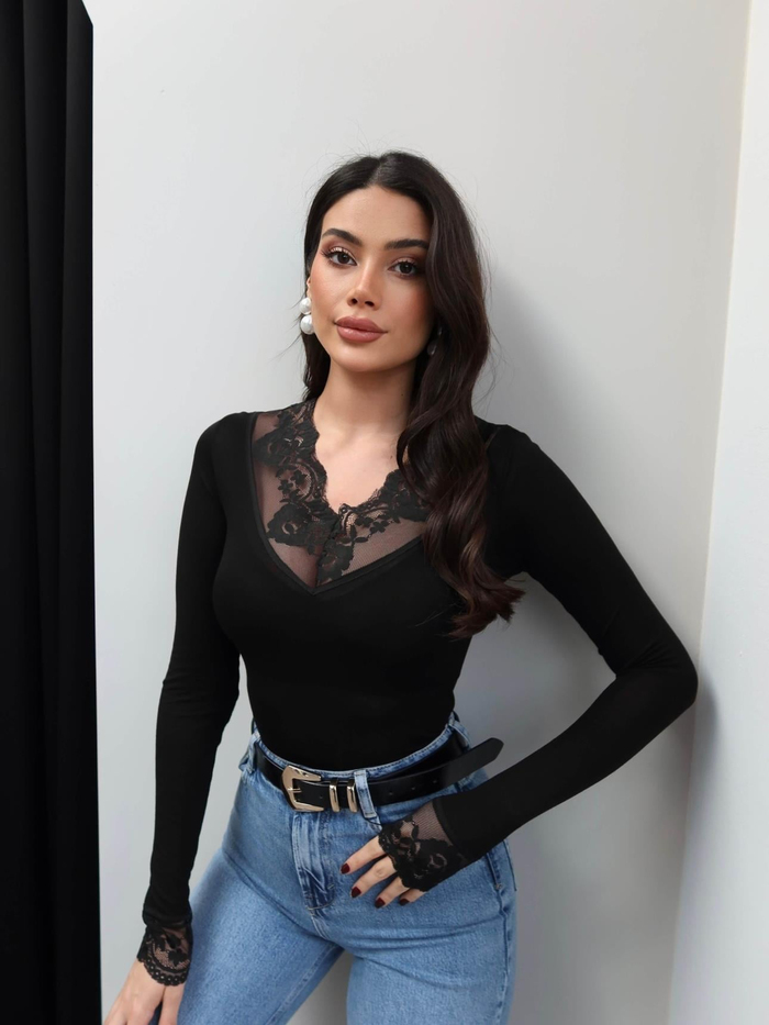 V Yaka Dantelli Transparan Bluz