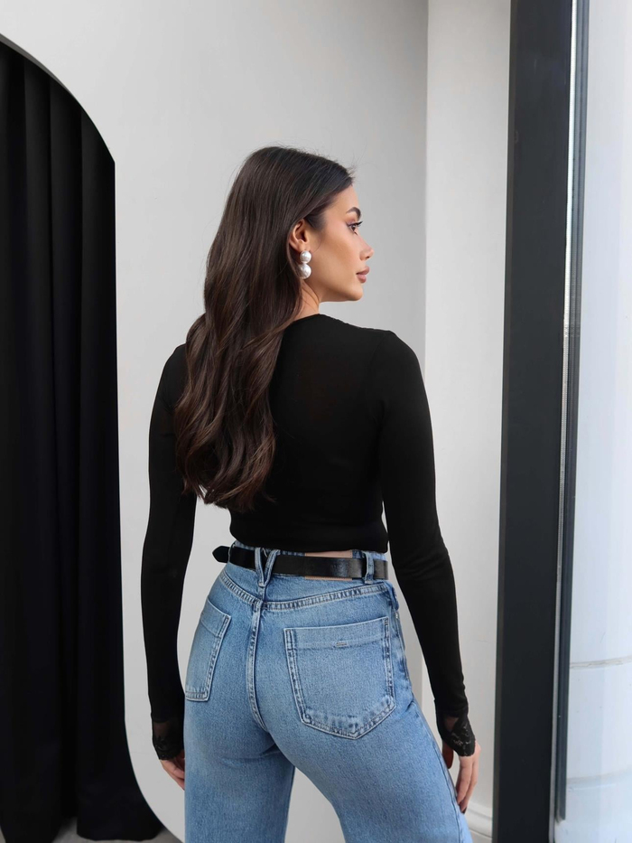 V Yaka Dantelli Transparan Bluz