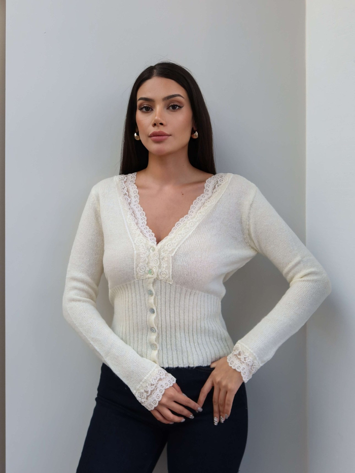V Yaka Dantelli Triko Hırka