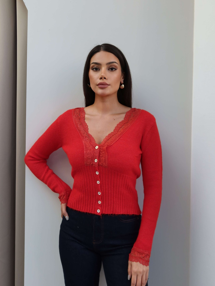 V Yaka Dantelli Triko Hırka