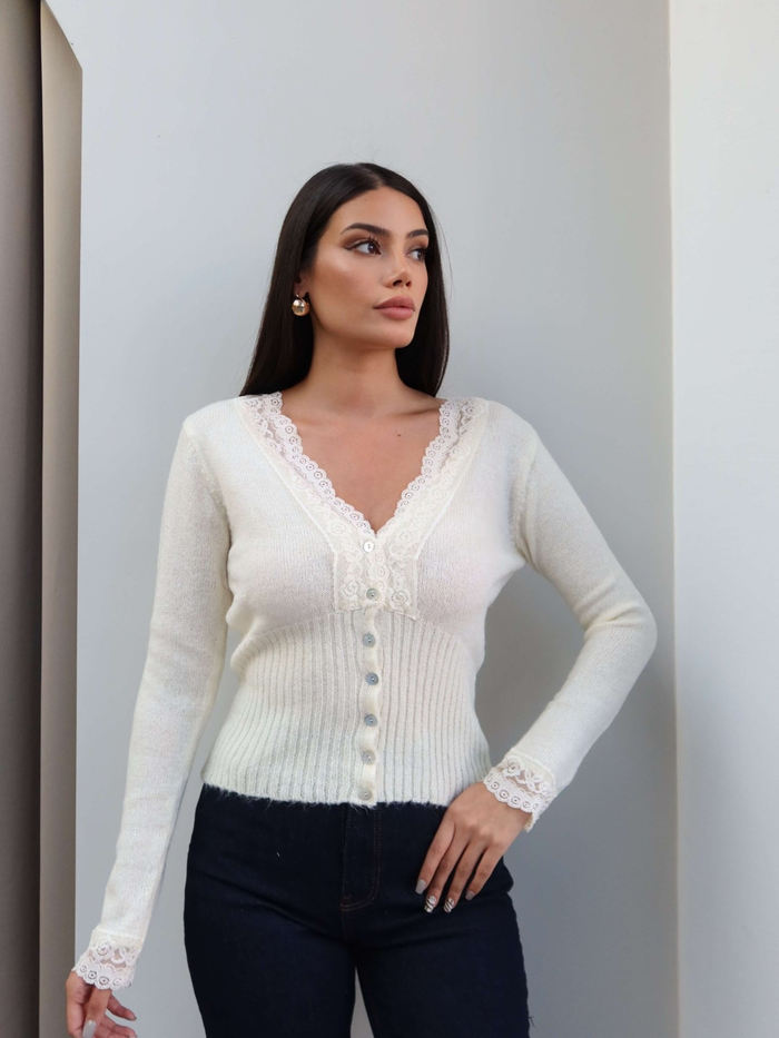 V Yaka Dantelli Triko Hırka