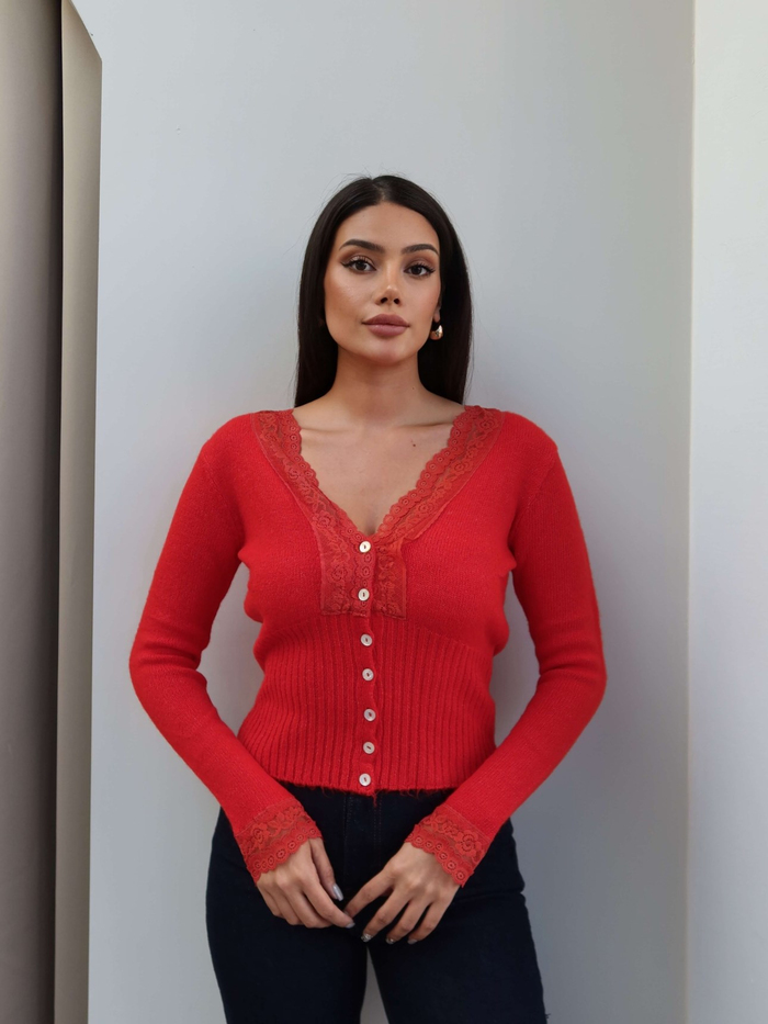 V Yaka Dantelli Triko Hırka
