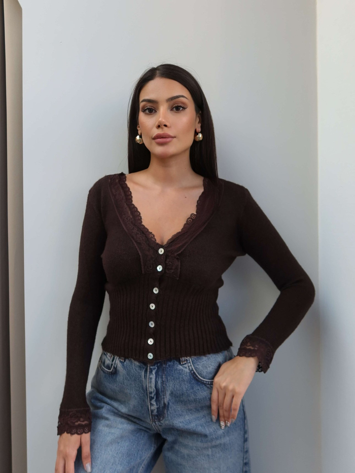 V Yaka Dantelli Triko Hırka