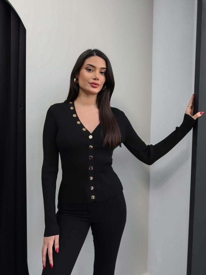 V Yaka Gold Düğmeli Hırka