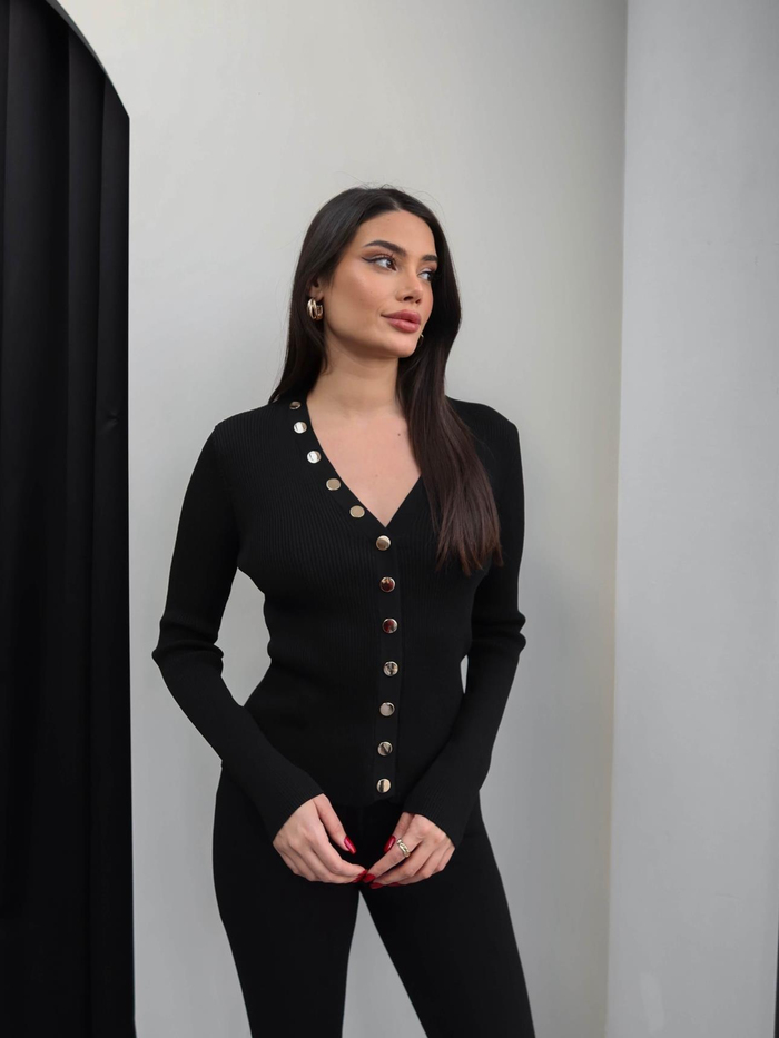 V Yaka Gold Düğmeli Hırka